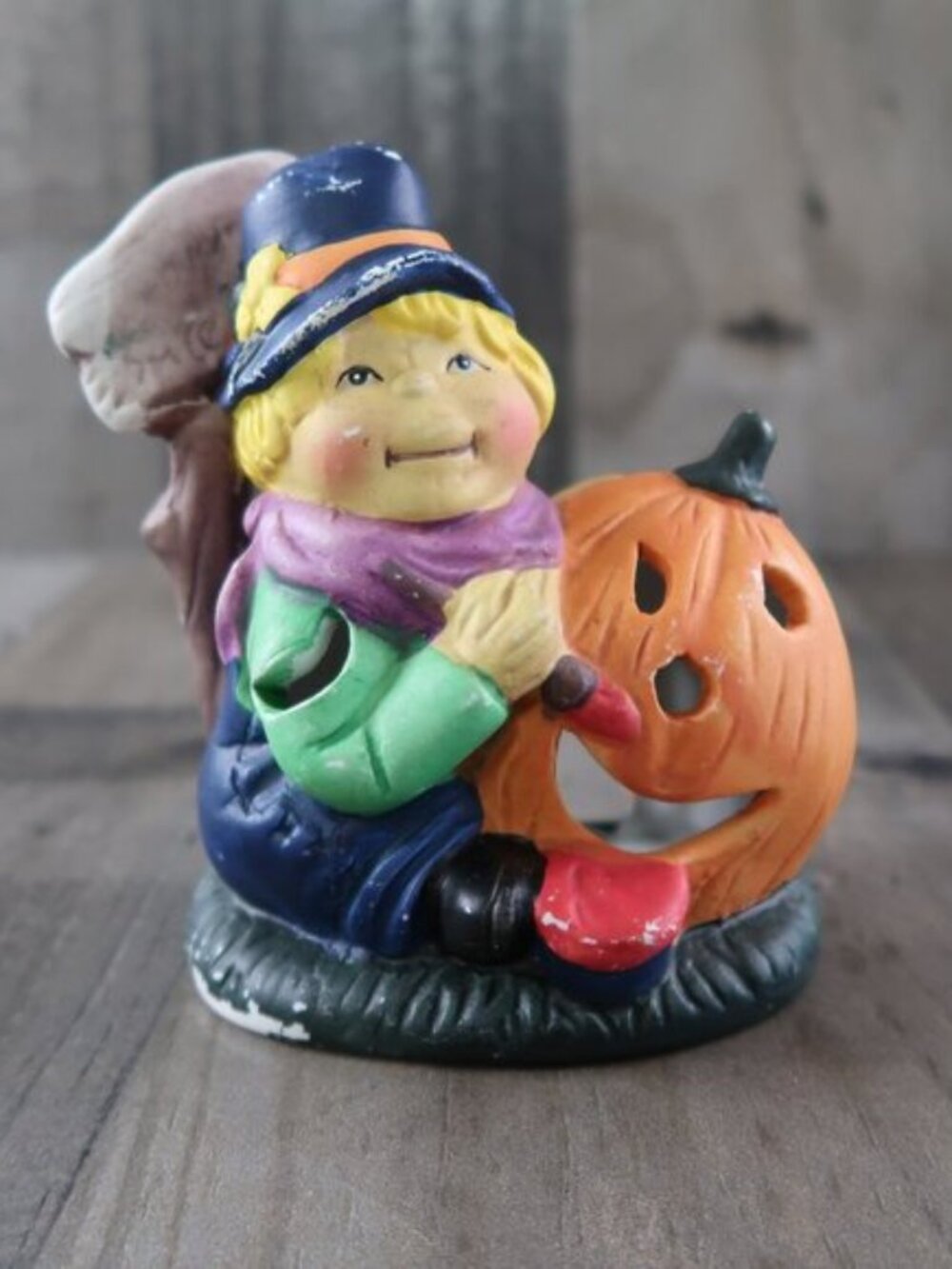 Halloween Ceramic Tealight Candle Holder Little Boy Carving Pumpkin JackOLantern